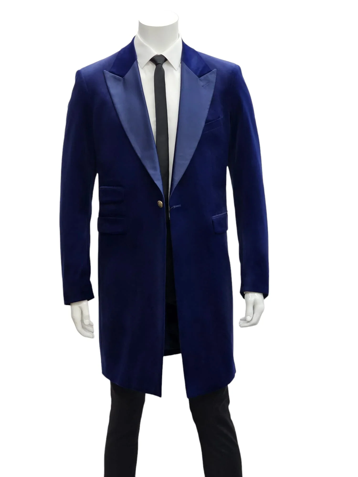 Mens Navy Velvet Victorian Tailcoat Tuxedo – Three Quarter Length Cutaway Stage And Wedding Jacket - Image 4