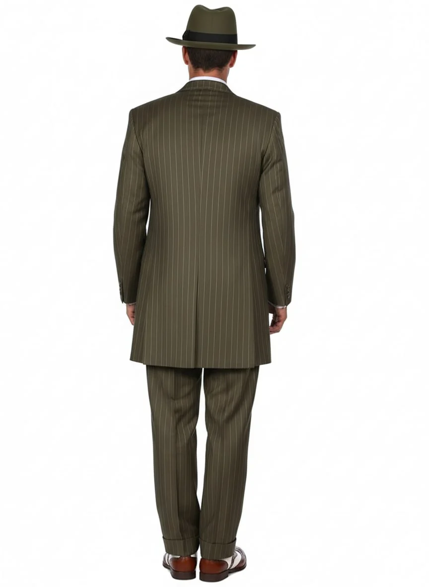 Mens Olive Green Pinstripe Zoot Suit – 1920s Gangster Vintage 3-Piece Suit for Formal and Themed Events - Image 2