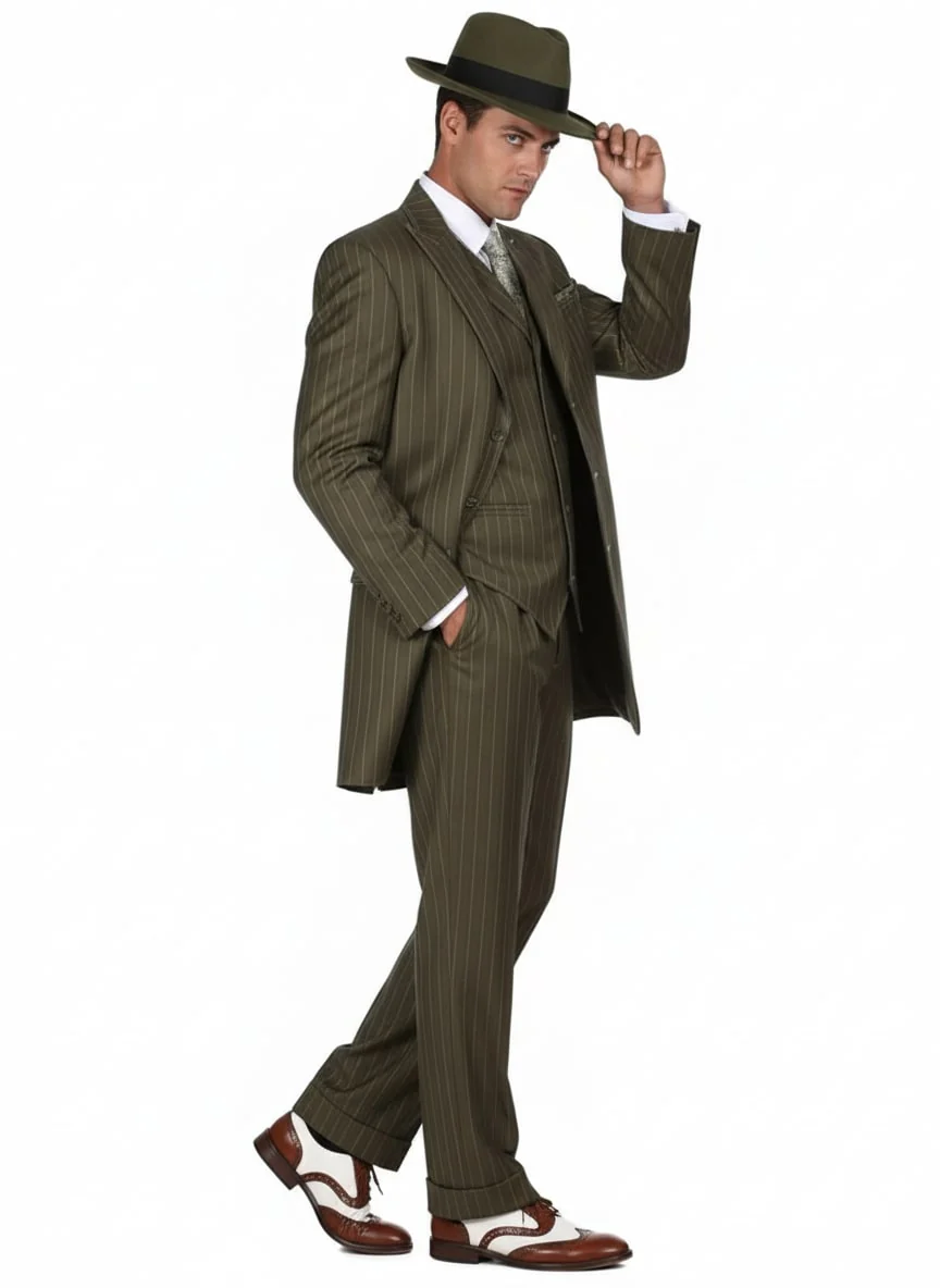 Mens Olive Green Pinstripe Zoot Suit – 1920s Gangster Vintage 3-Piece Suit for Formal and Themed Events - Image 3