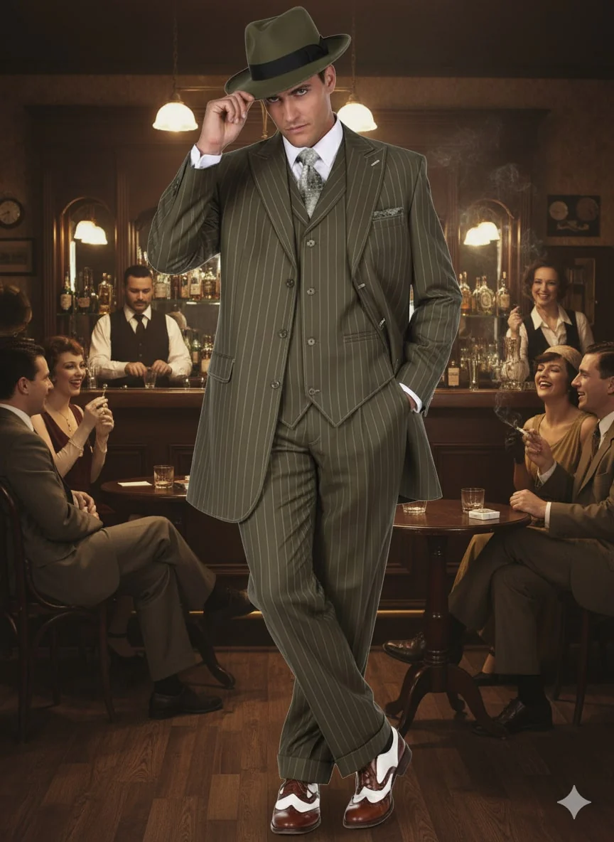 Mens Olive Green Pinstripe Zoot Suit – 1920s Gangster Vintage 3-Piece Suit for Formal and Themed Events - Image 5