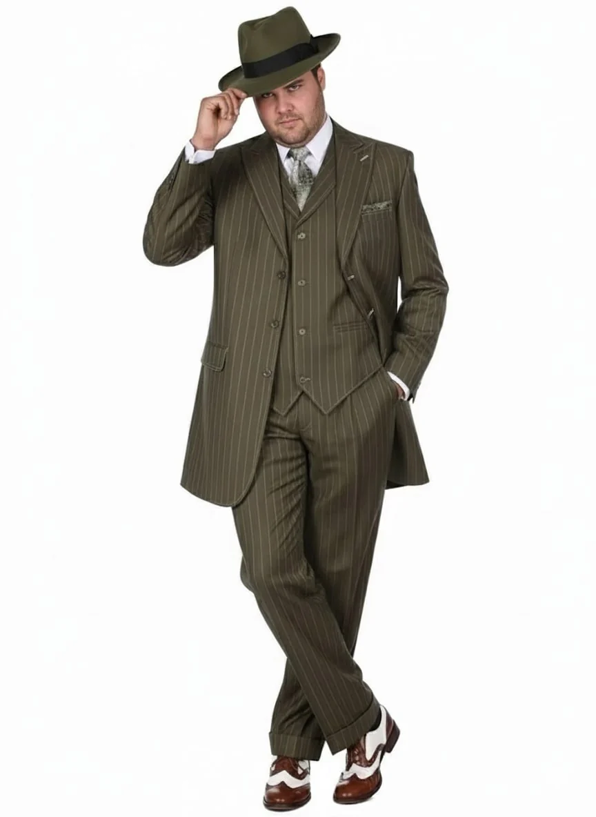 Mens Olive Green Pinstripe Zoot Suit – 1920s Gangster Vintage 3-Piece Suit for Formal and Themed Events - Image 6