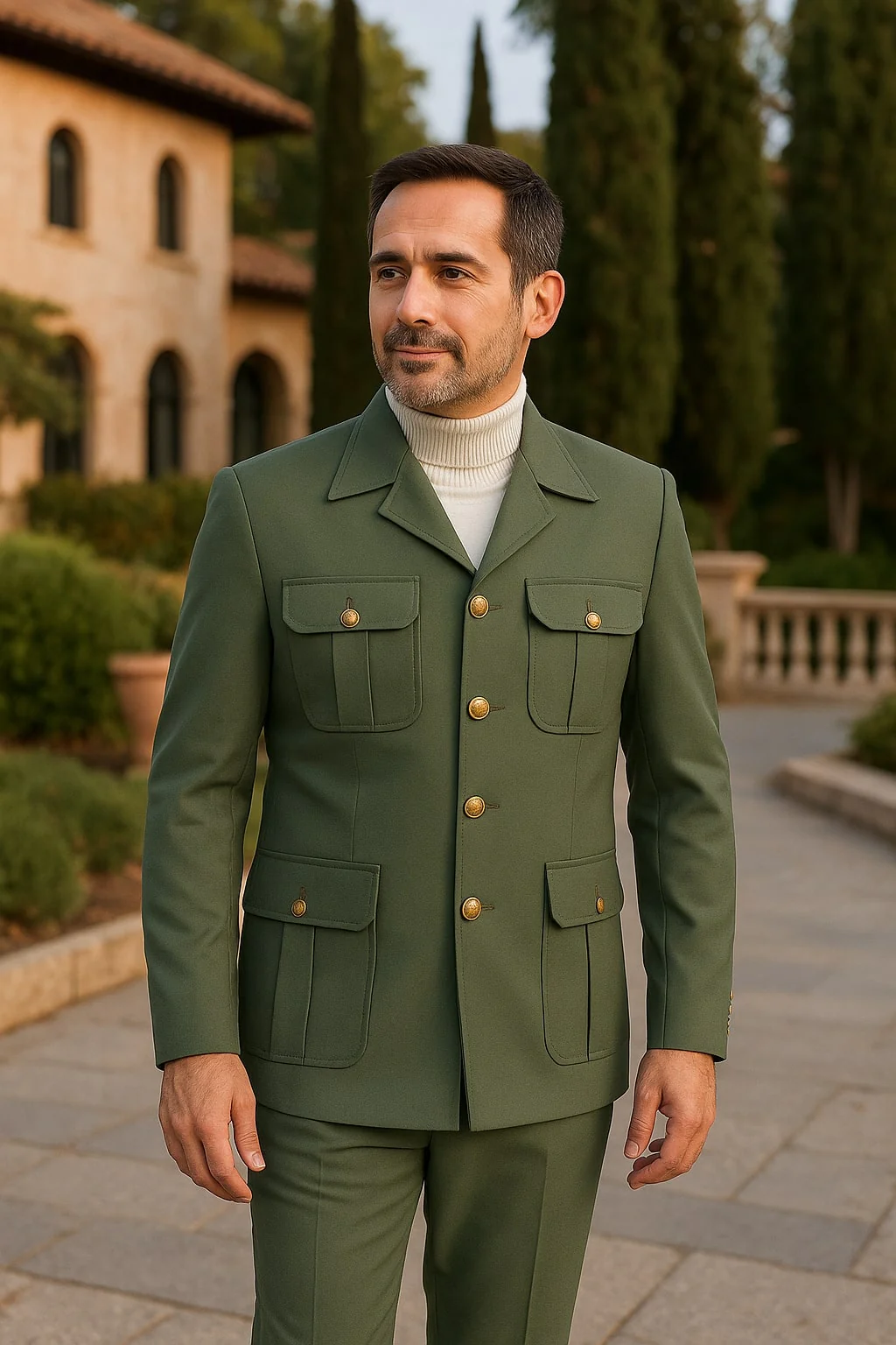 Mens Olive Green Safari Suit Set with Utility Jacket and Adjustable Waist Pants - Image 3