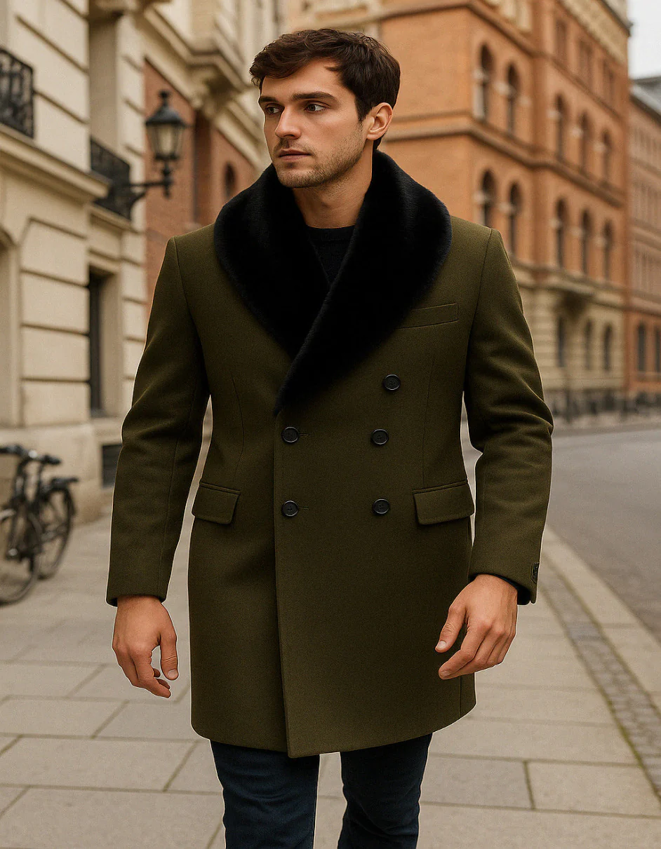 Mens Olive Green Wool Overcoat with Black Faux Fur Shawl Collar β Double Breasted Winter Coat - Image 2