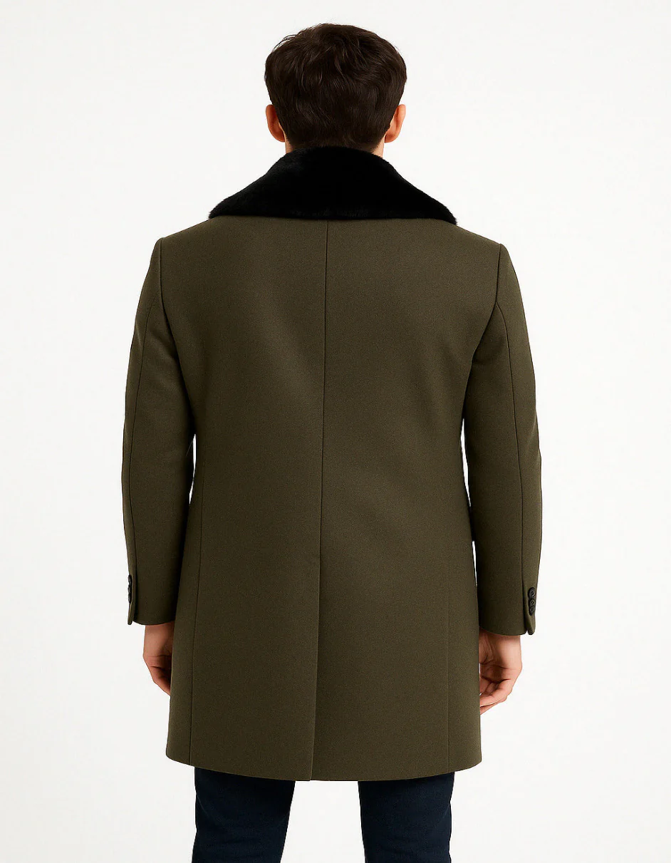 Mens Olive Green Wool Overcoat with Black Faux Fur Shawl Collar β Double Breasted Winter Coat - Image 3