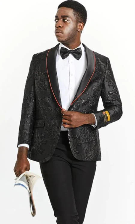 Mens One Button Black and Red Trim Tuxedo Blazer