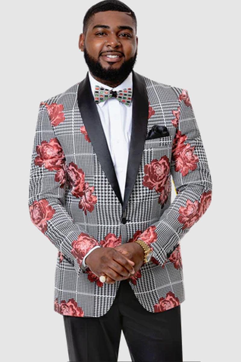 Braided EJ Samuel Houndstooth & Floral Shawl Tux Jacket – Black/Red