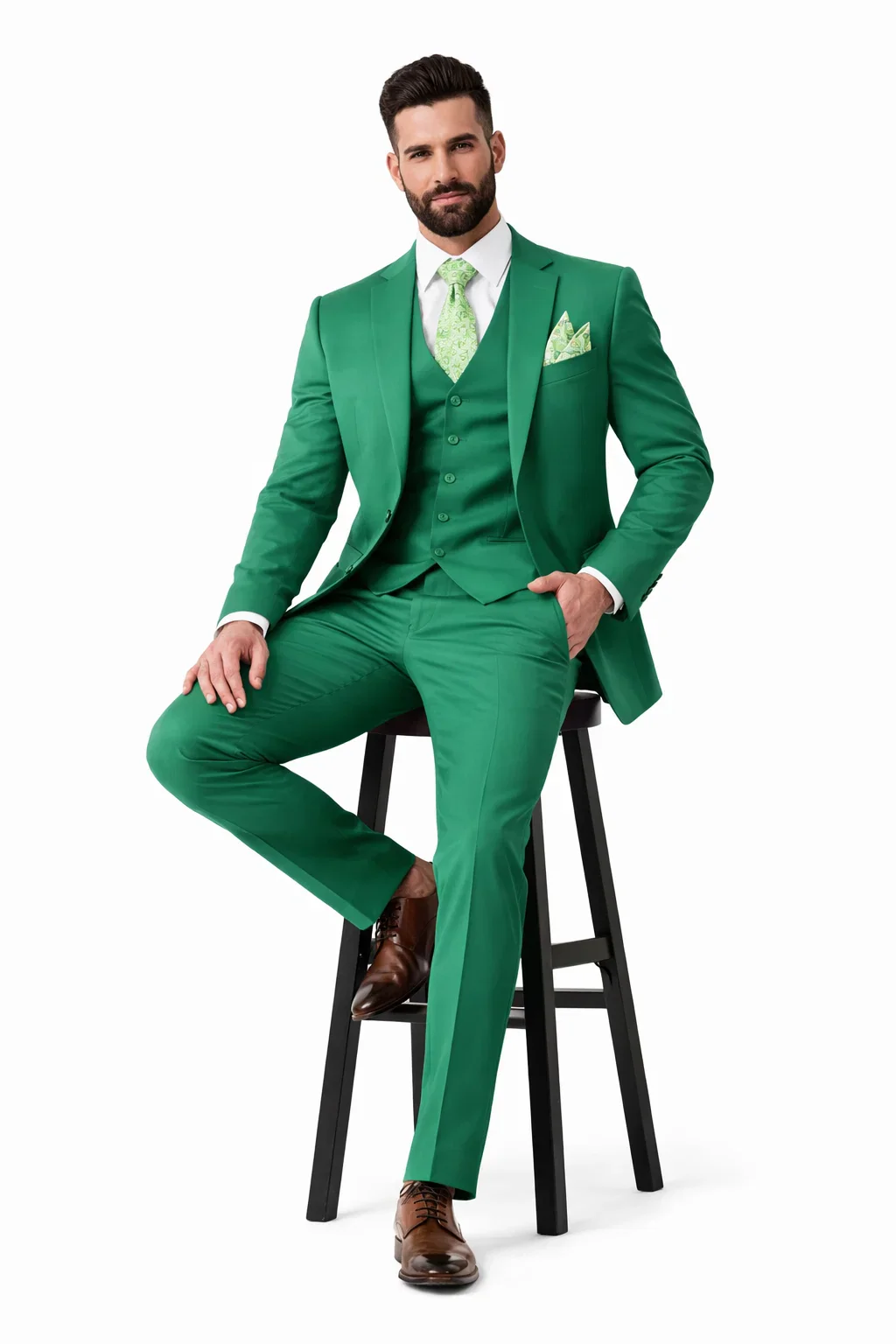 Mens One Button Notch Lapel Green Suit - Image 3