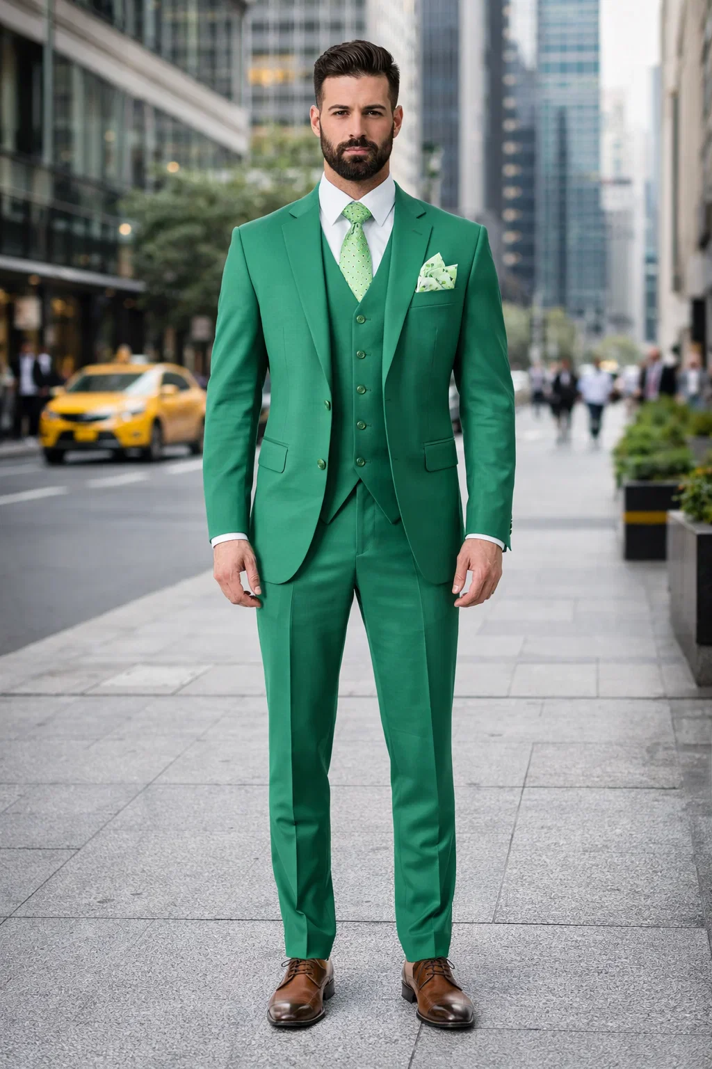Mens One Button Notch Lapel Green Suit - Image 6