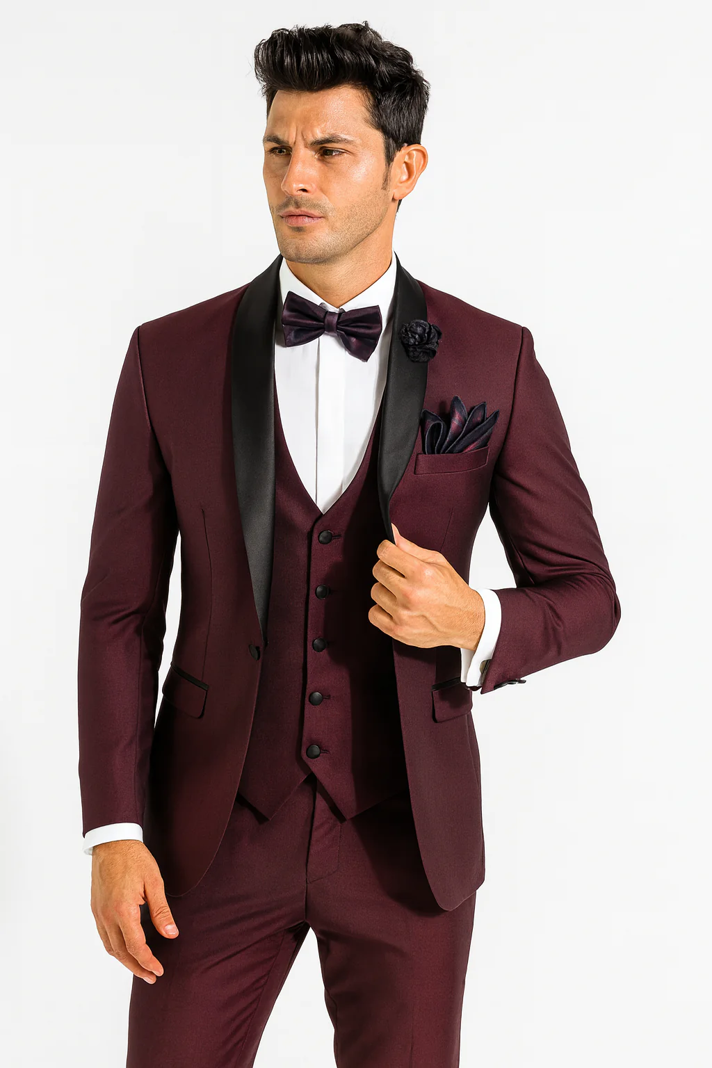 Mens One Button Shawl Lapel Suit Burgundy