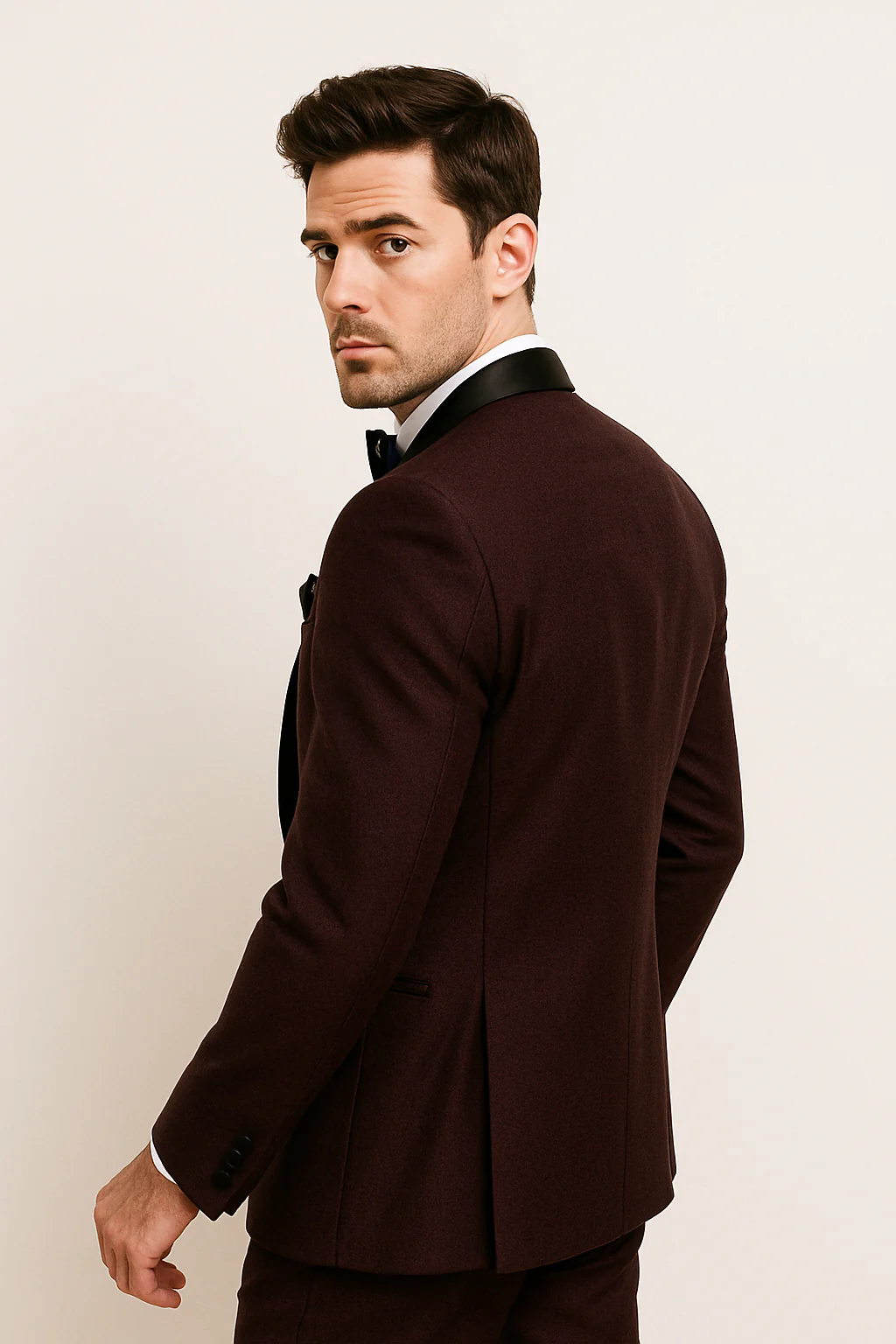 Mens One Button Shawl Lapel Suit Burgundy - Image 2
