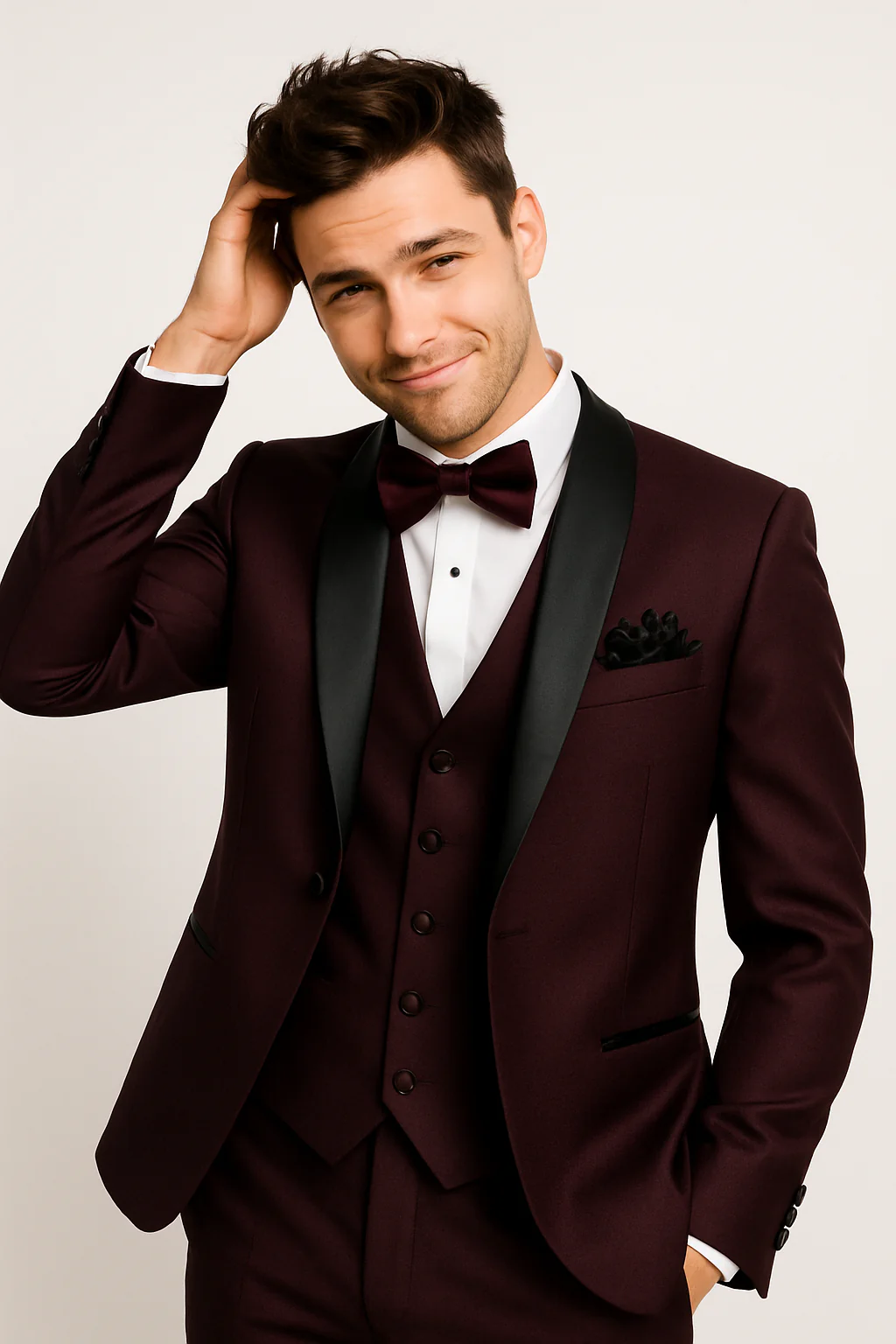 Mens One Button Shawl Lapel Suit Burgundy - Image 3
