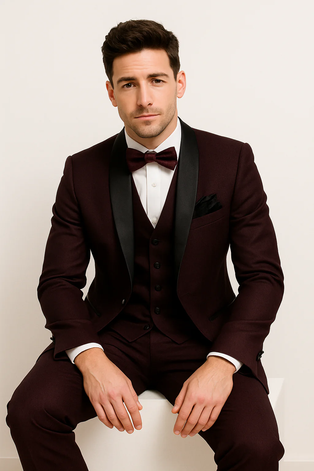Mens One Button Shawl Lapel Suit Burgundy - Image 4