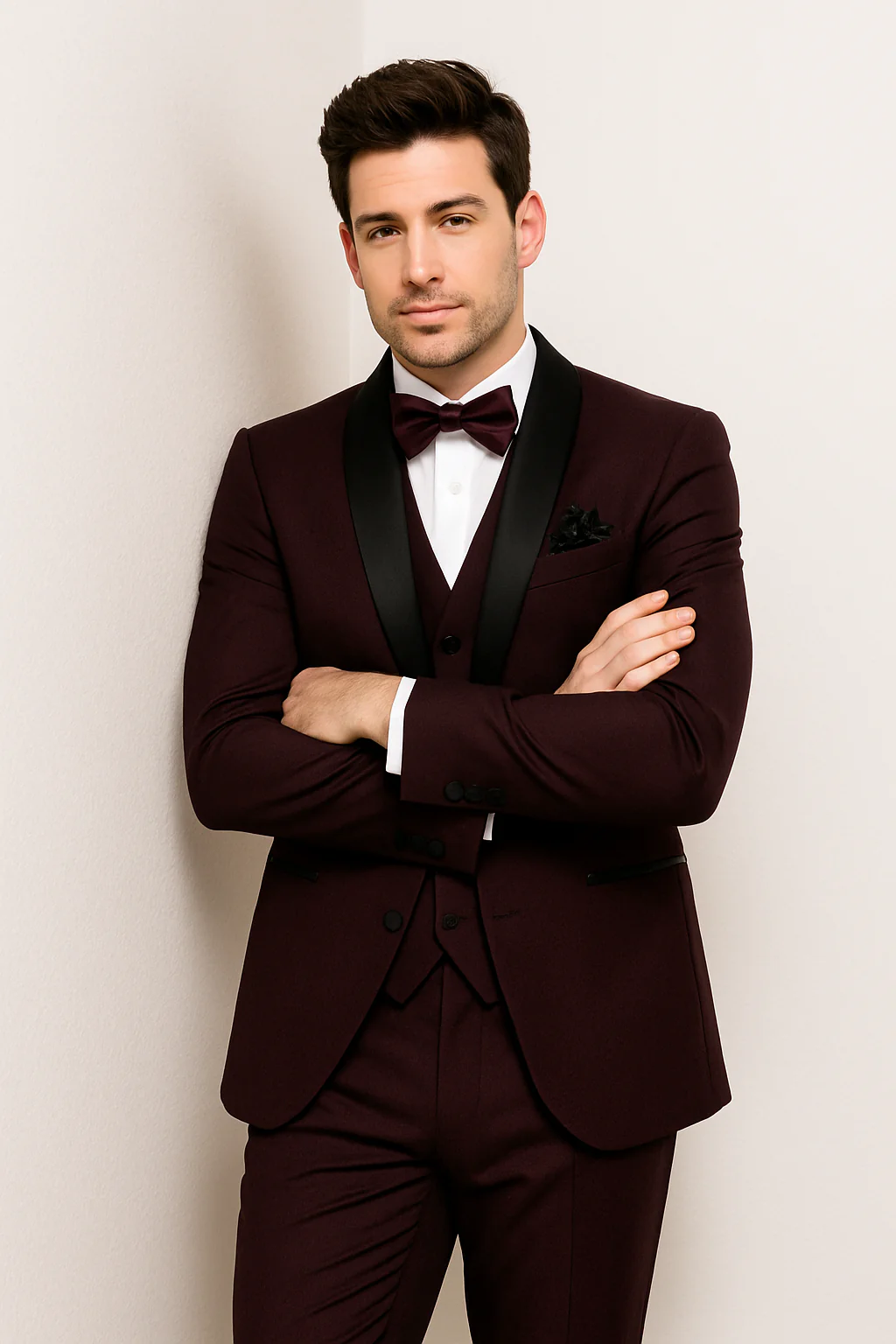 Mens One Button Shawl Lapel Suit Burgundy - Image 5