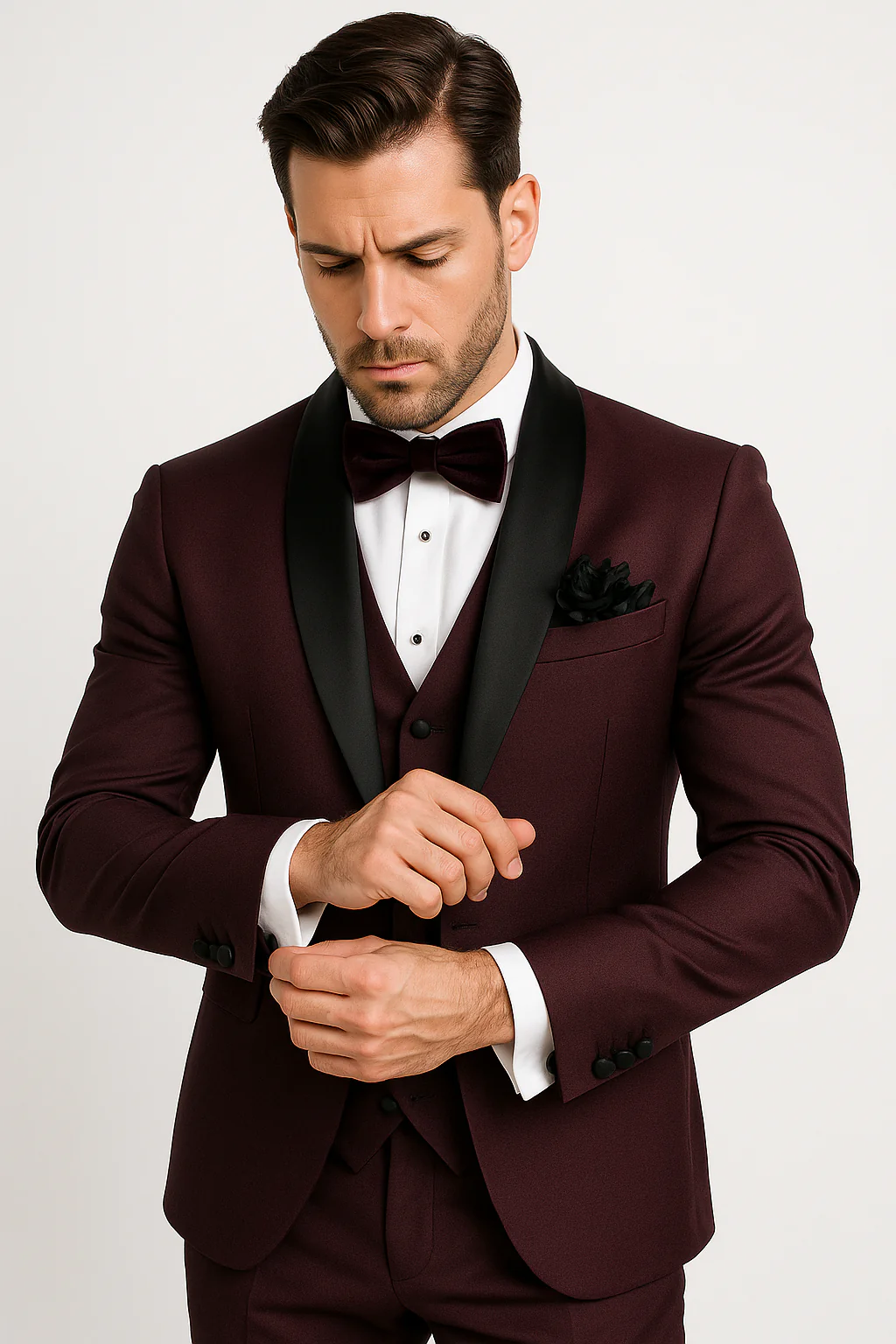 Mens One Button Shawl Lapel Suit Burgundy - Image 7