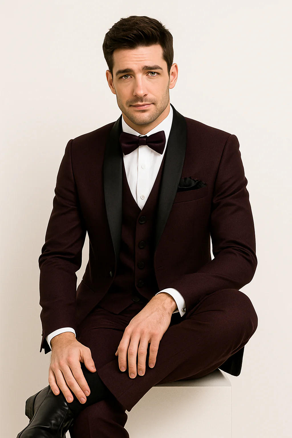 Mens One Button Shawl Lapel Suit Burgundy - Image 8