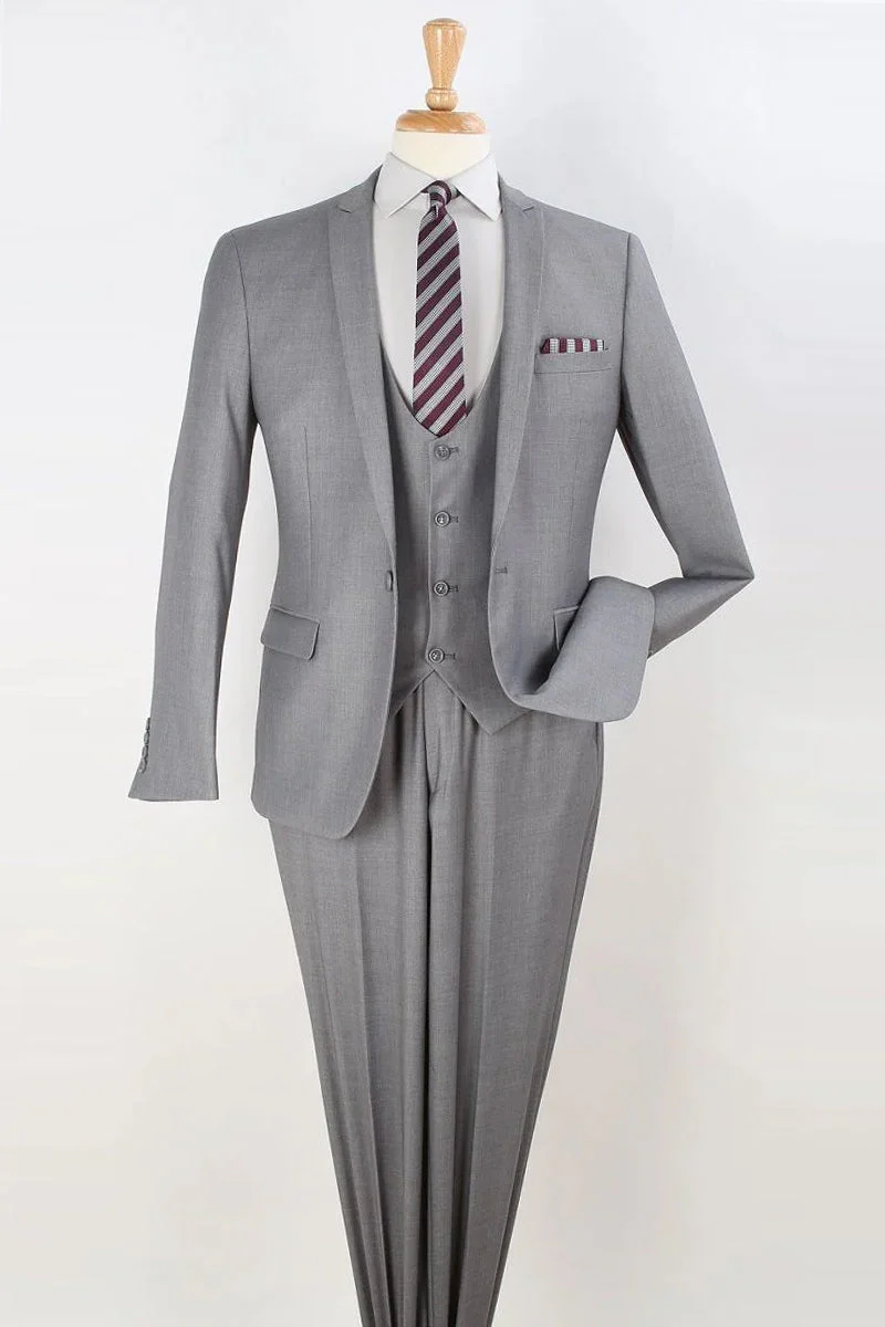 Apollo King "Light Grey Slim Fit Men's Suit with Vested Peak Lapel - One Button Style"