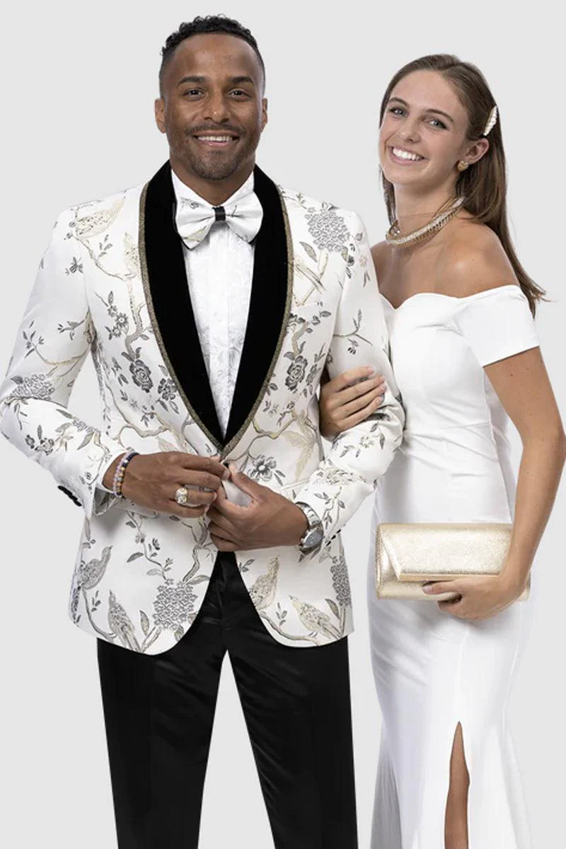 EJ Samuel Men's One Button White & Gold Pattern Tuxedo Jacket