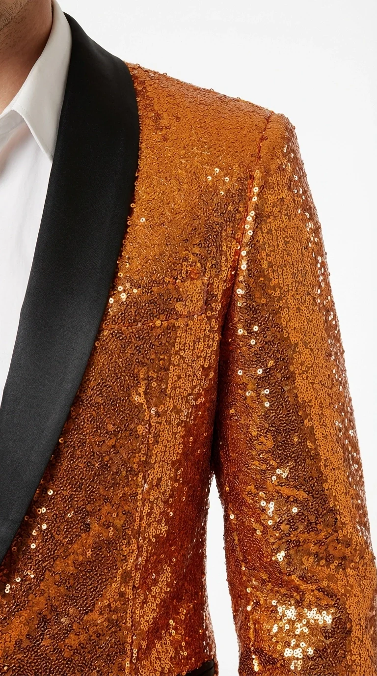 Mens Orange Sequin Tuxedo Suit – Shiny Wedding Suit Set with Black Lapel for Prom, Party, Gala and Formal Evening Wear - Goldish Orange - Image 6