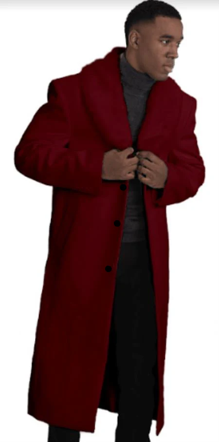 Mens Overcoat With Fur Collar - Burgundy Topcoat - Maroon Wool Fabric Long Coat - Image 9