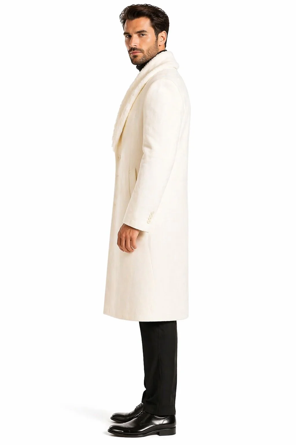 Mens Overcoat With Fur Collar - Ivory Topcoat - Image 3