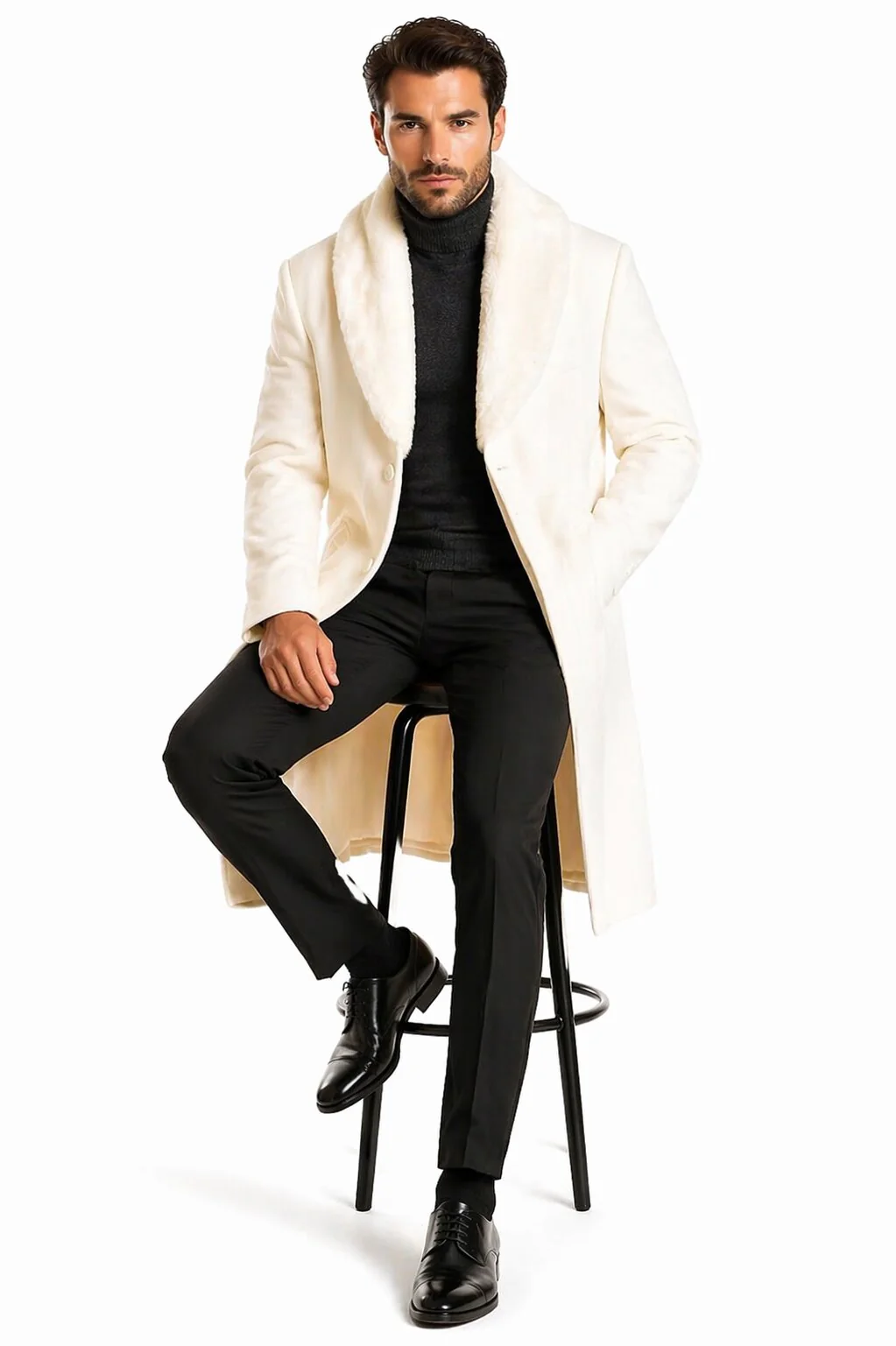 Mens Overcoat With Fur Collar - Ivory Topcoat - Image 4