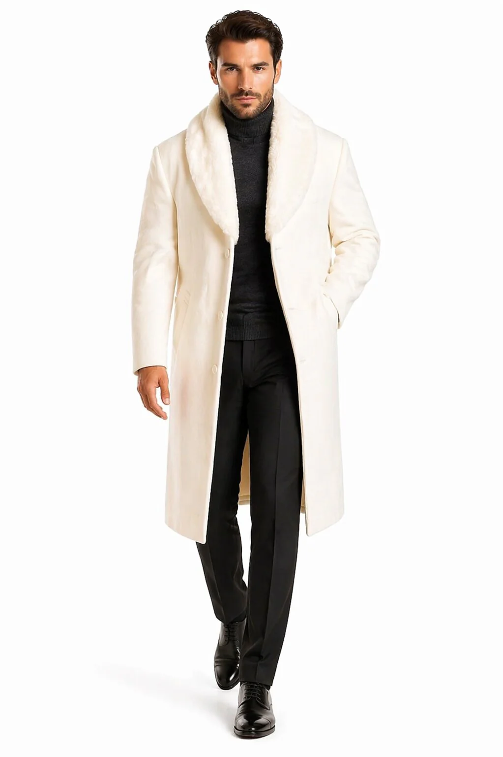 Mens Overcoat With Fur Collar - Ivory Topcoat - Image 5