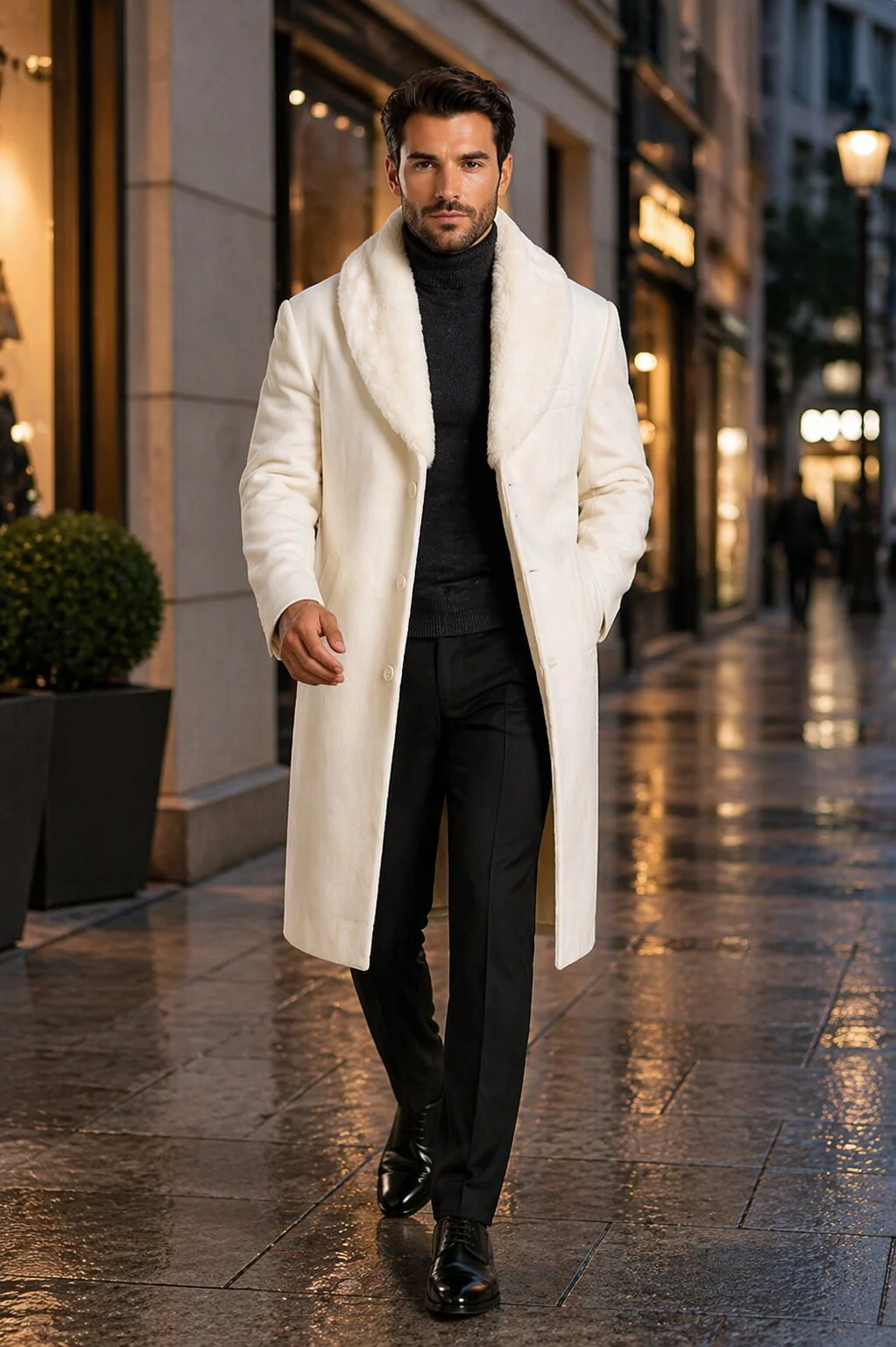 Mens Overcoat With Fur Collar - Ivory Topcoat - Image 7