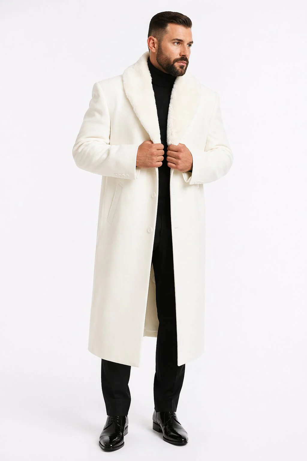 Mens Overcoat With Fur Collar - Ivory Topcoat - Image 8