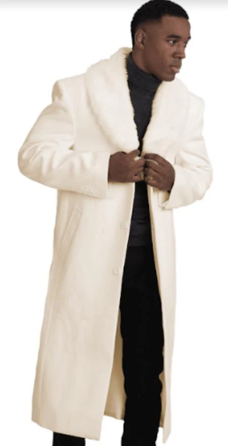 Mens Overcoat With Fur Collar - Ivory Topcoat - Image 9