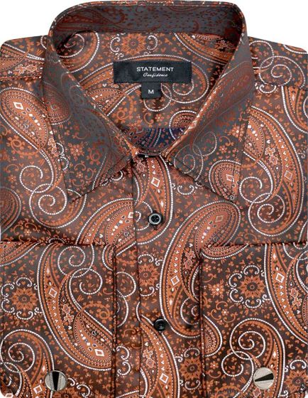 Mens Paisley Shirts - Club Fashion Dress Shirt Spread Collar in Color Brick