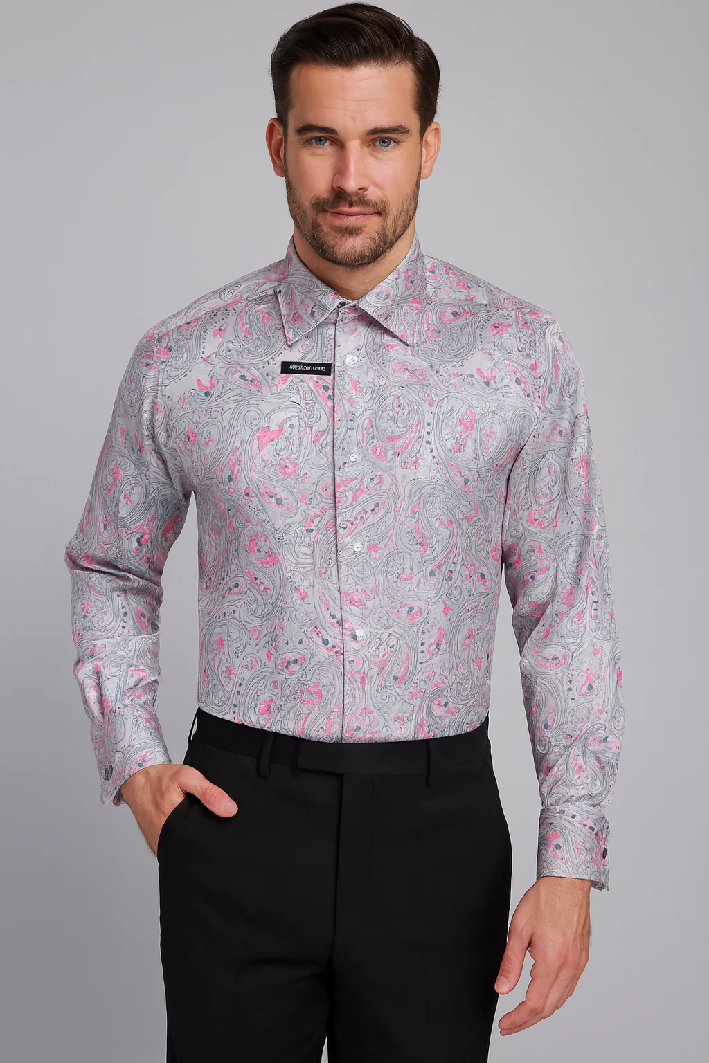 Mens Paisley Shirts - Club Fashion Dress Shirt Spread Collar in Color Grey - Image 2