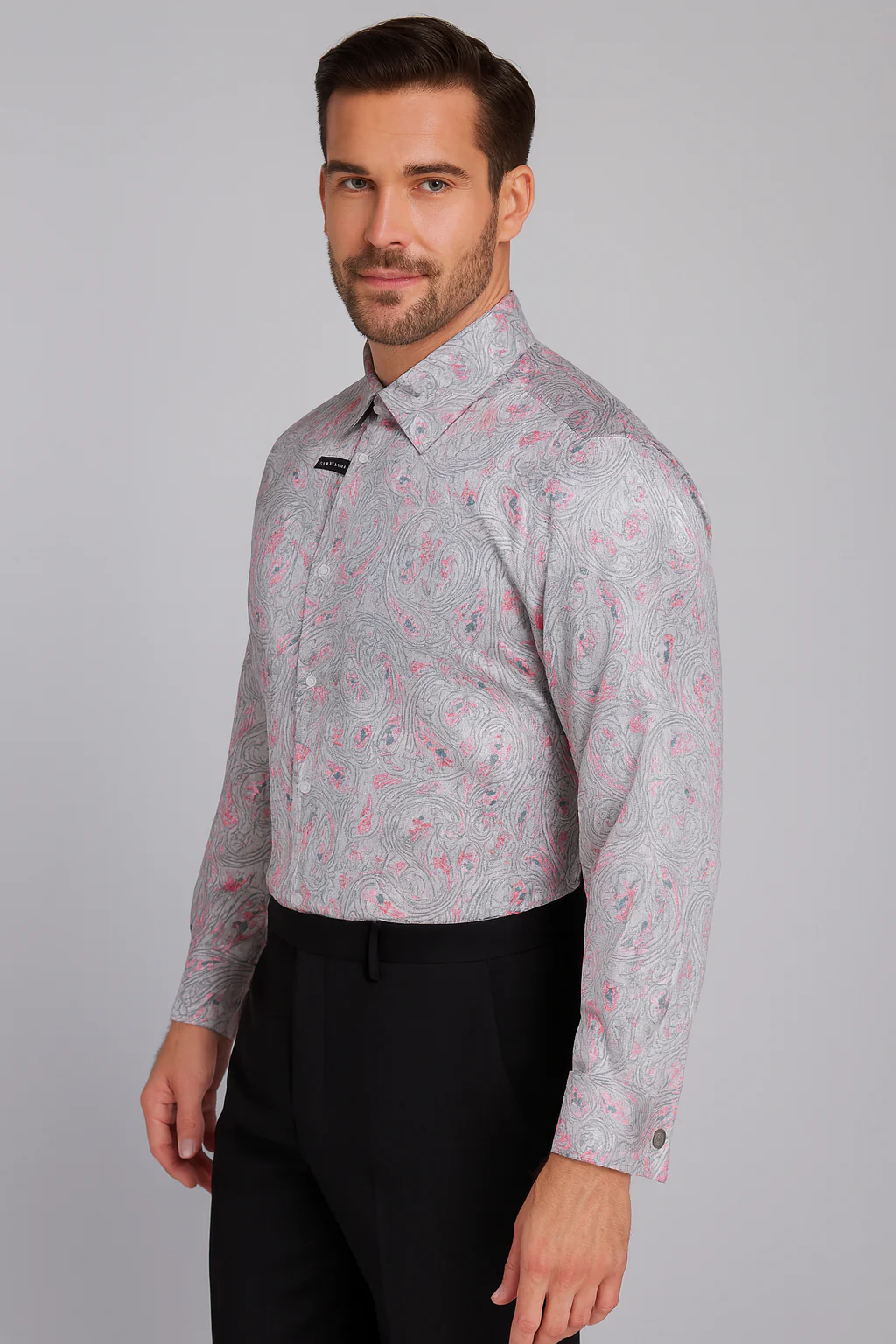 Mens Paisley Shirts - Club Fashion Dress Shirt Spread Collar in Color Grey - Image 3