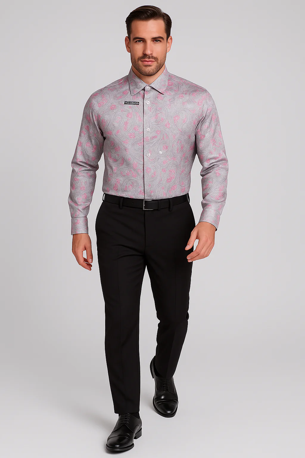 Mens Paisley Shirts - Club Fashion Dress Shirt Spread Collar in Color Grey - Image 4