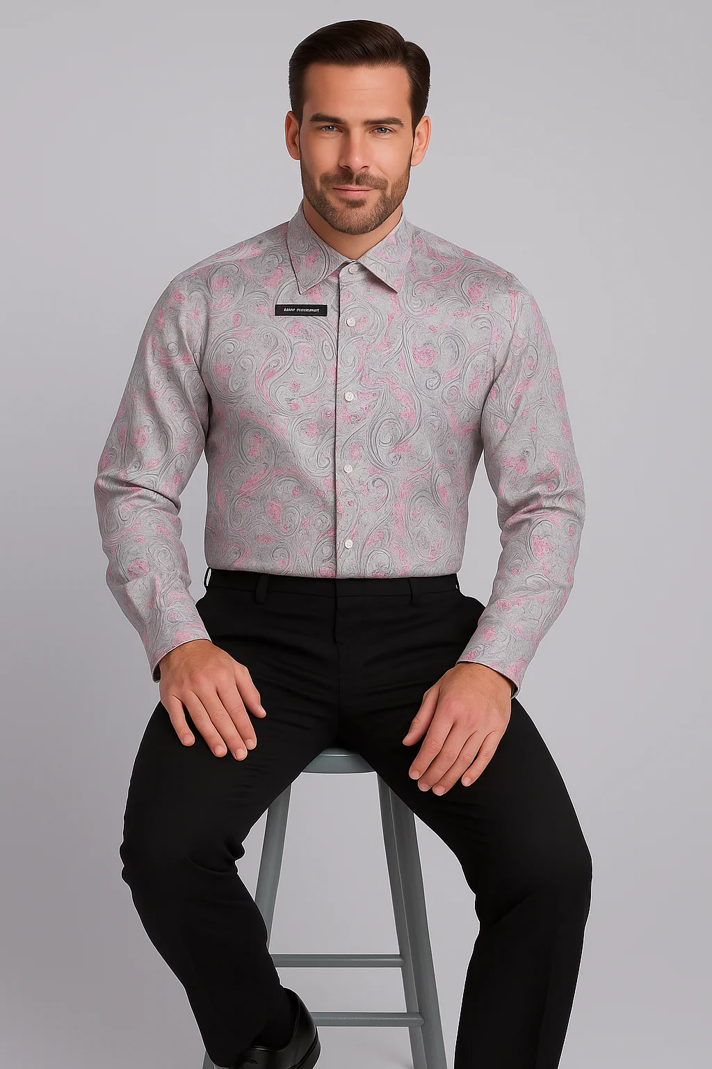 Mens Paisley Shirts - Club Fashion Dress Shirt Spread Collar in Color Grey - Image 5