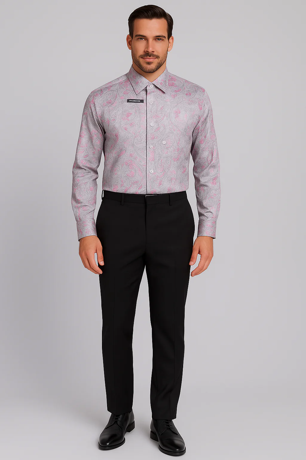 Mens Paisley Shirts - Club Fashion Dress Shirt Spread Collar in Color Grey - Image 6