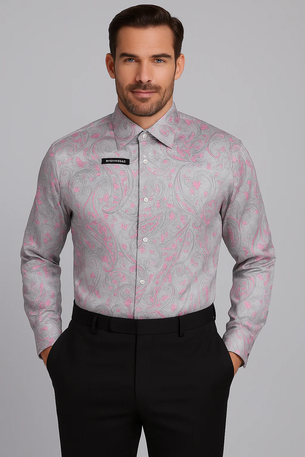 Mens Paisley Shirts - Club Fashion Dress Shirt Spread Collar in Color Grey - Image 8