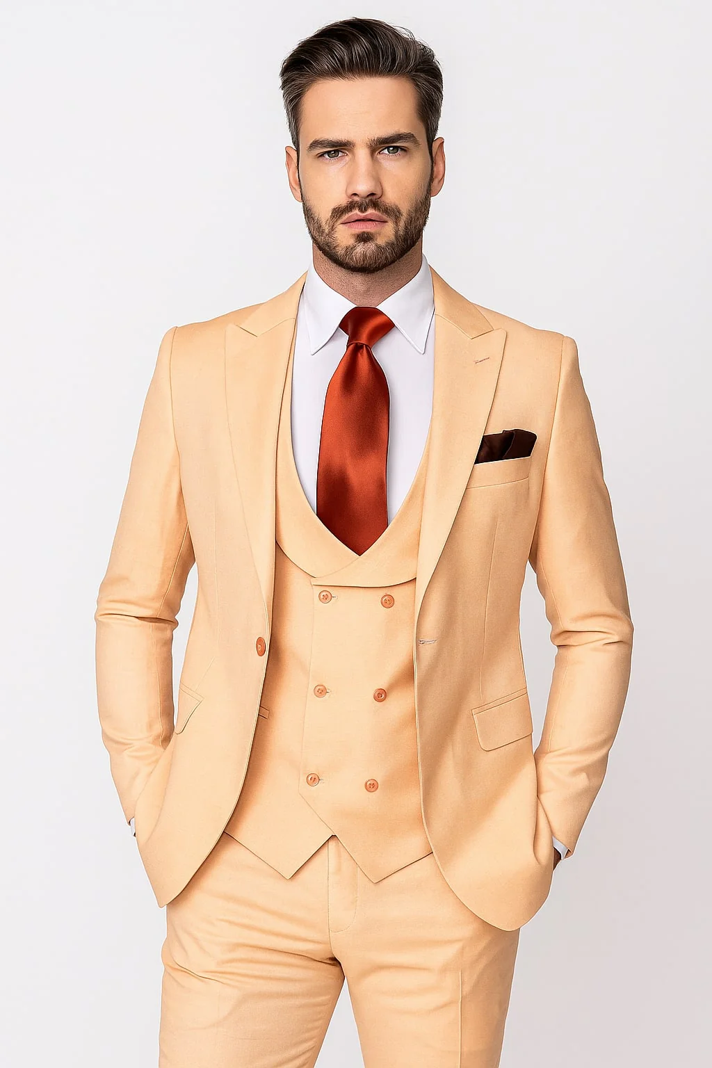 Mens Peach 3-Piece Suit – Double-Breasted Vest, Notch Lapel Blazer, Slim Fit Dress Pants