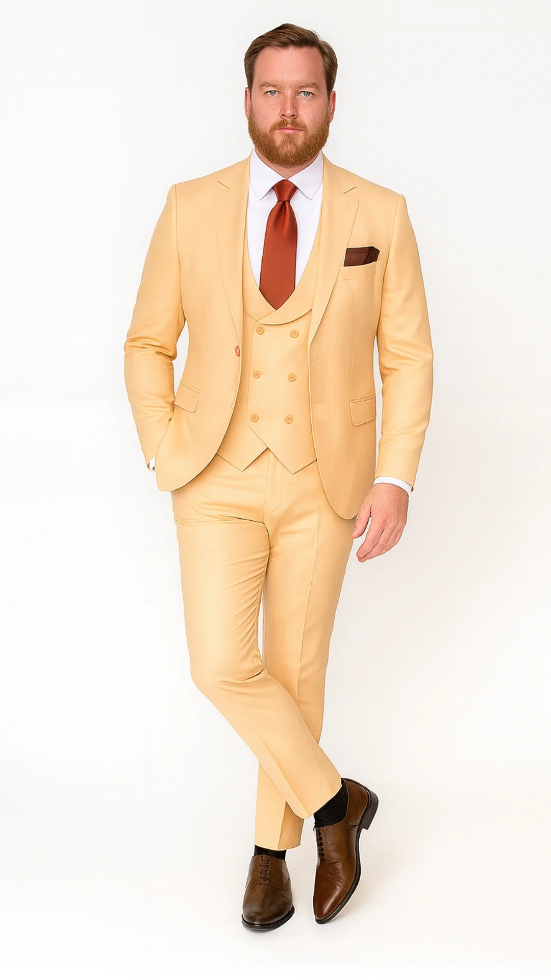 Mens Peach 3-Piece Suit – Double-Breasted Vest, Notch Lapel Blazer, Slim Fit Dress Pants - Image 5