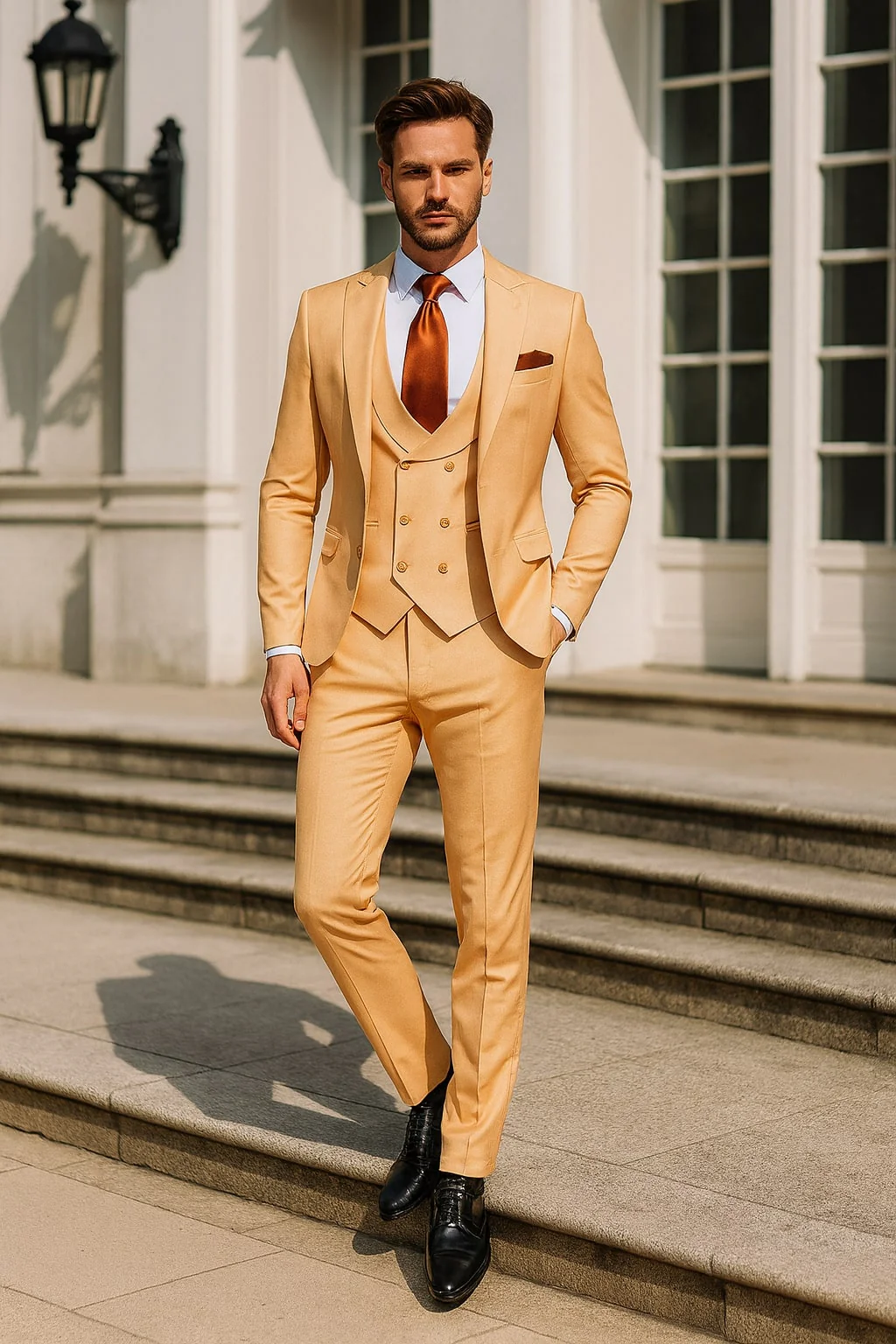 Mens Peach 3-Piece Suit – Double-Breasted Vest, Notch Lapel Blazer, Slim Fit Dress Pants - Image 6