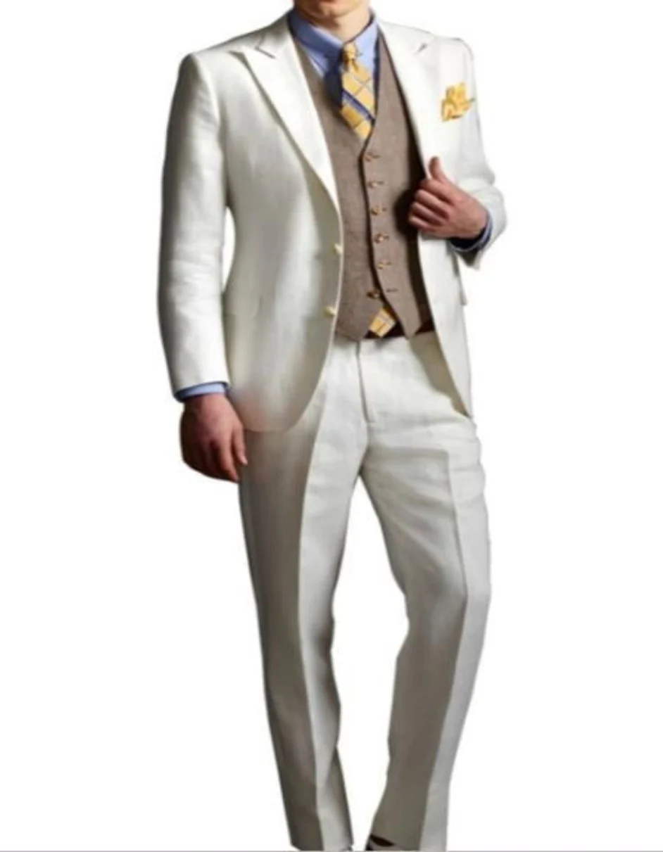 Men's Peak Lapel Ivory Costume Outfit Male Attire Suit