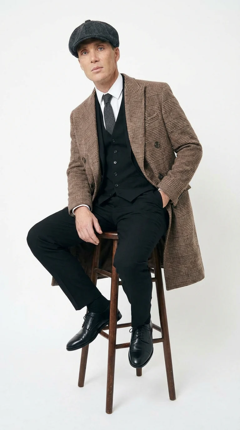 Mens Peaky Blinders Gray Plaid Double Breasted Overcoat + Suit Peaky Blinders Vintage Wool Blend Coat 1920s - Image 8