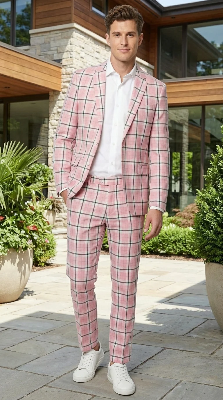 Mens Pink and Black Plaid Designer Suit Set – Stylish Suit with Check Pattern Jacket and Windownpane Summer Color - Image 11