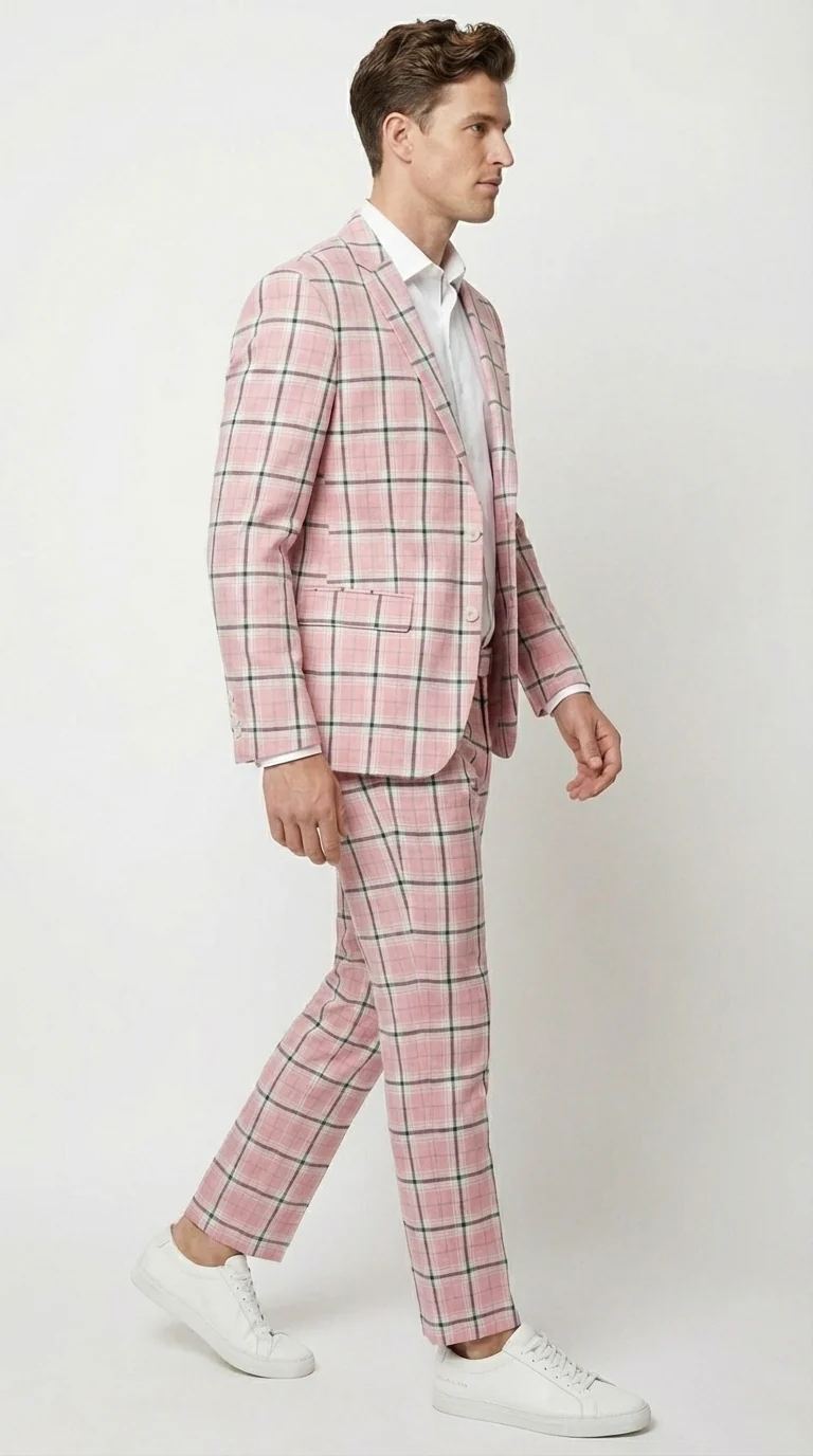 Mens Pink and Black Plaid Designer Suit Set – Stylish Suit with Check Pattern Jacket and Windownpane Summer Color - Image 6