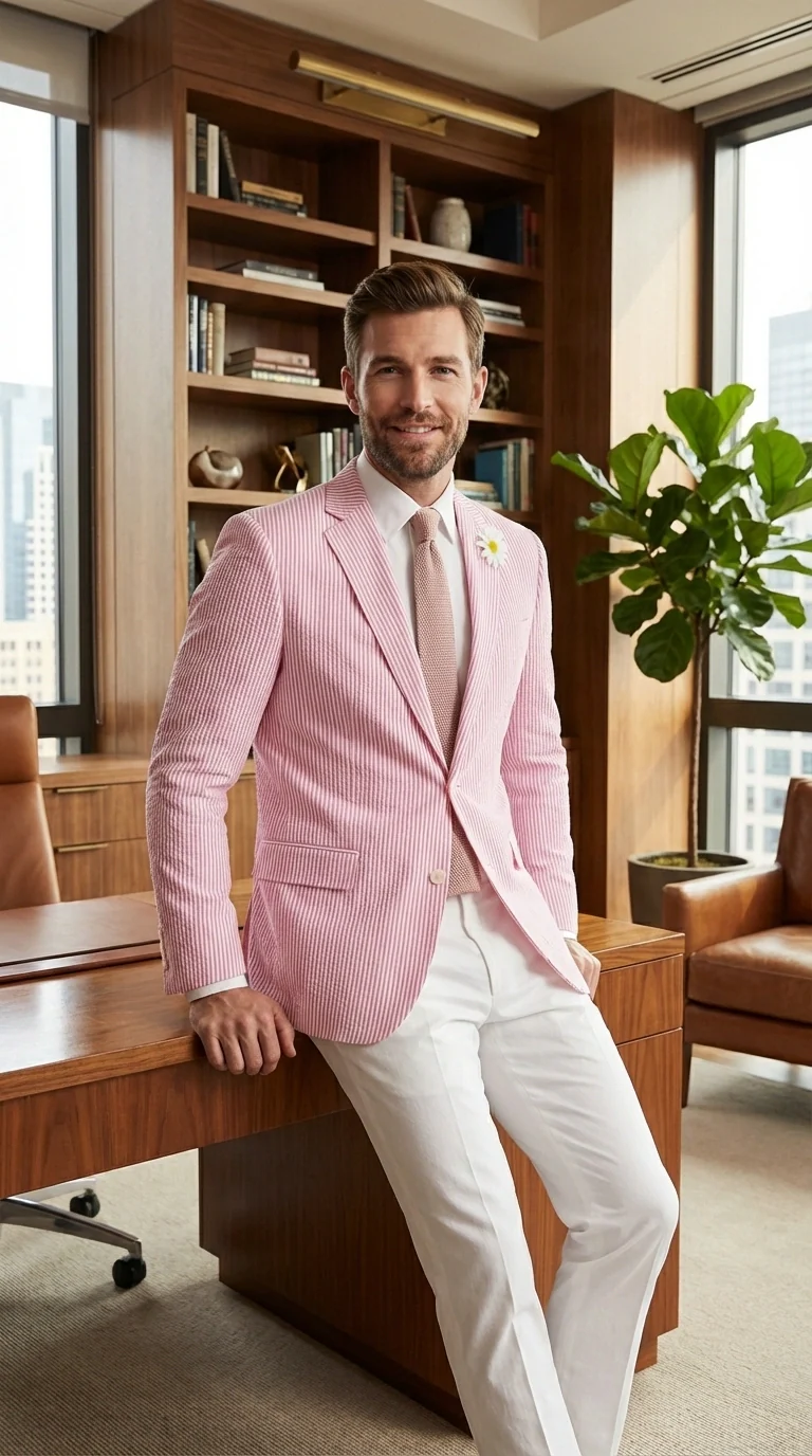Mens Pink Seersucker Blazer – Lightweight Striped Summer Sport Coat Casual Smart Formal Jacket - Image 11