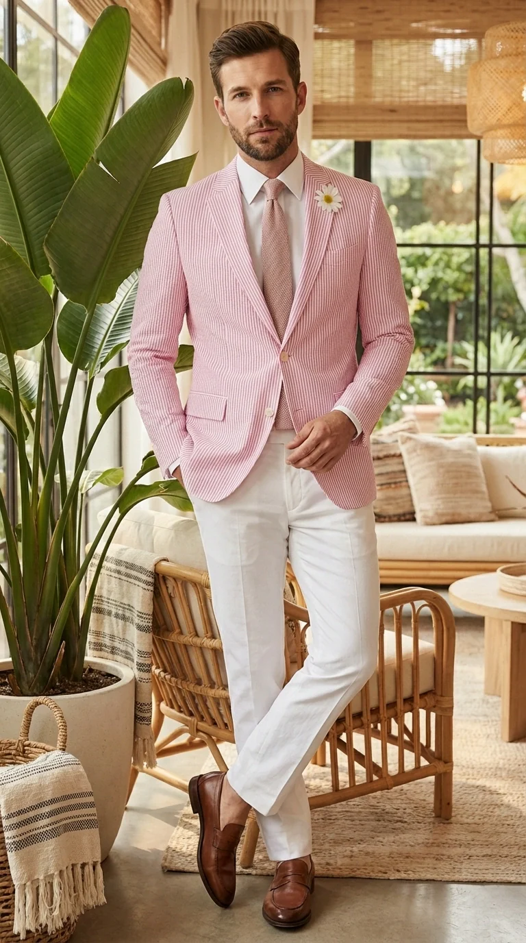 Mens Pink Seersucker Blazer – Lightweight Striped Summer Sport Coat Casual Smart Formal Jacket - Image 12