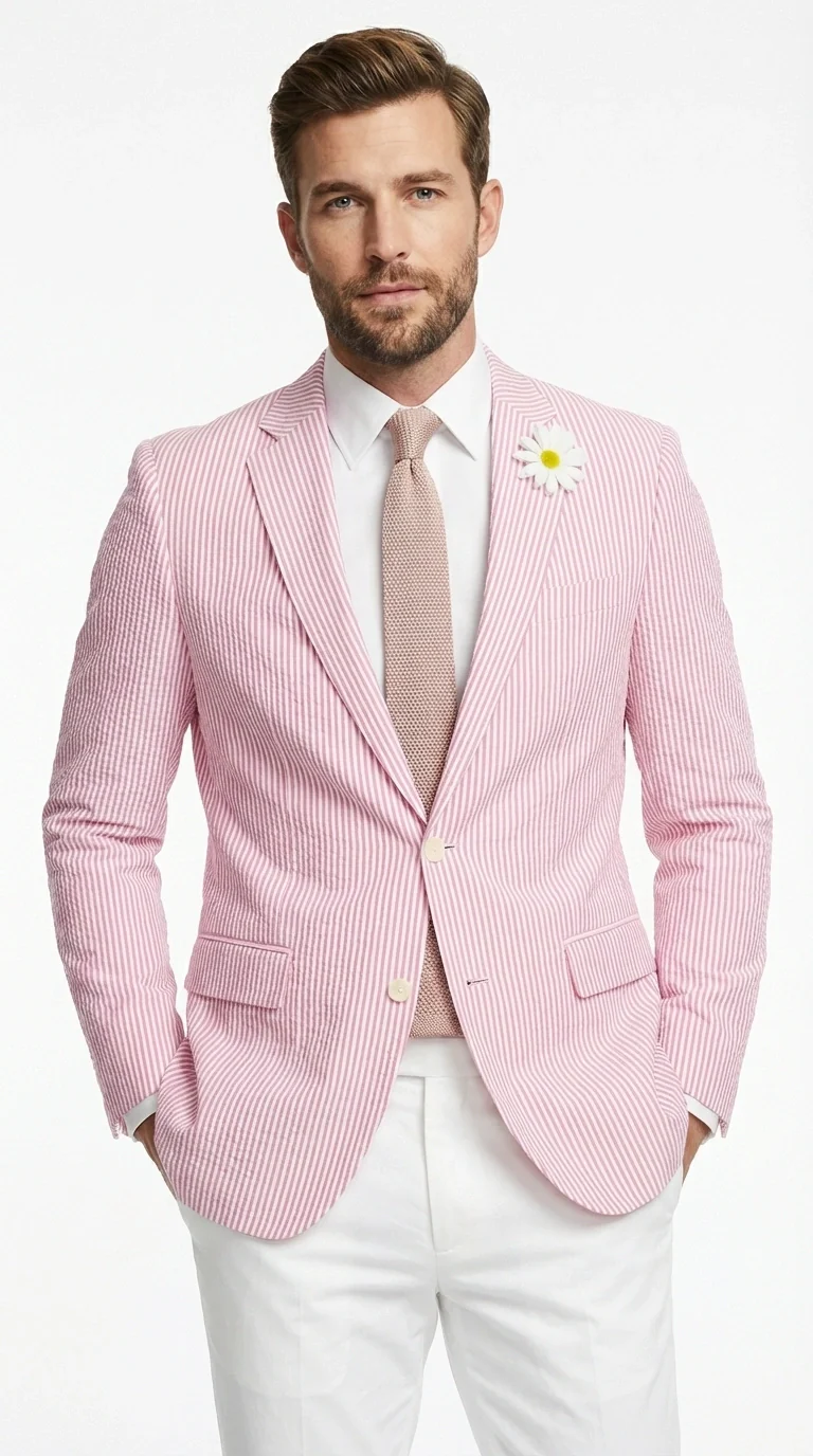 Mens Pink Seersucker Blazer – Lightweight Striped Summer Sport Coat Casual Smart Formal Jacket - Image 2