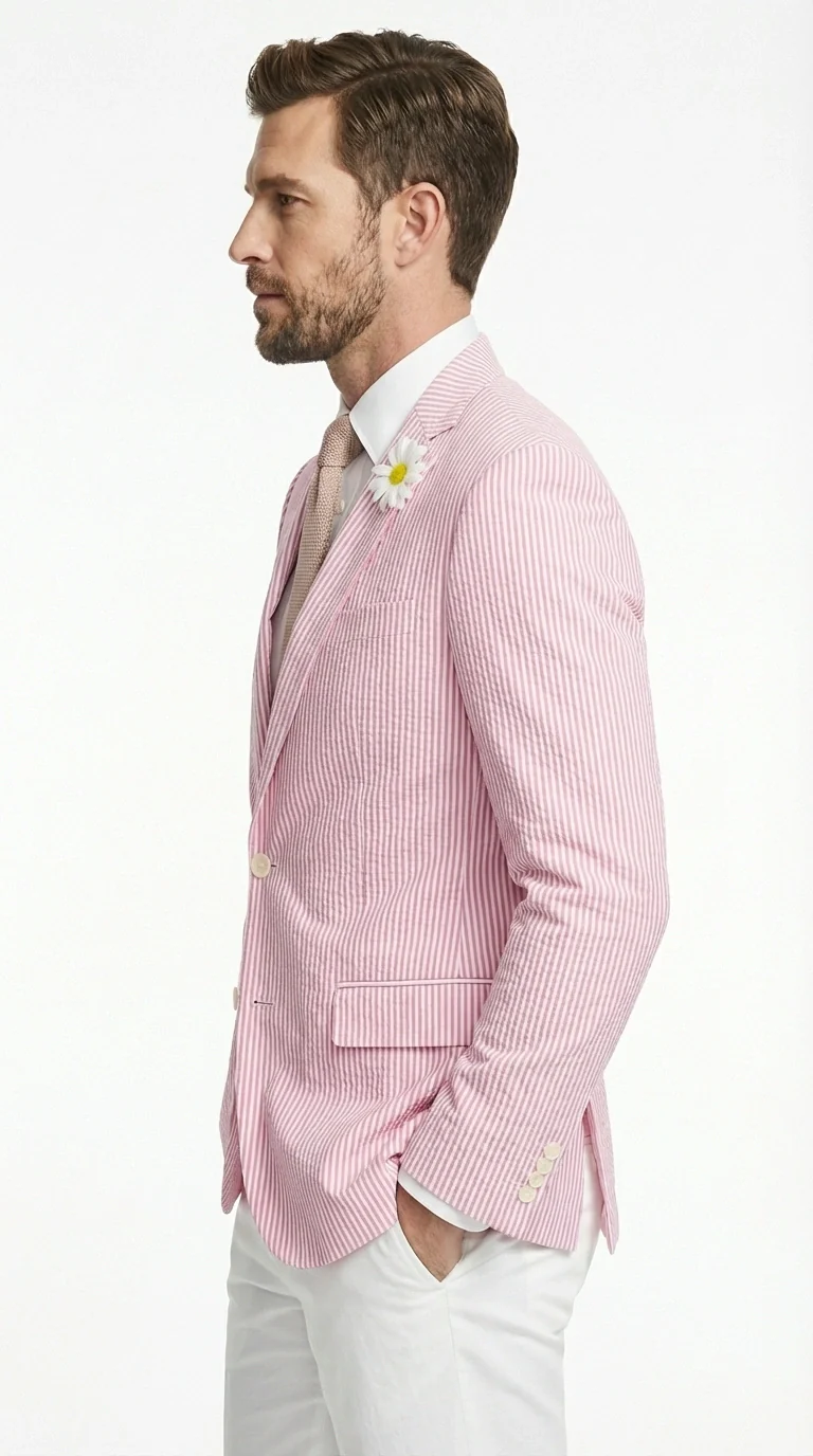 Mens Pink Seersucker Blazer – Lightweight Striped Summer Sport Coat Casual Smart Formal Jacket - Image 5
