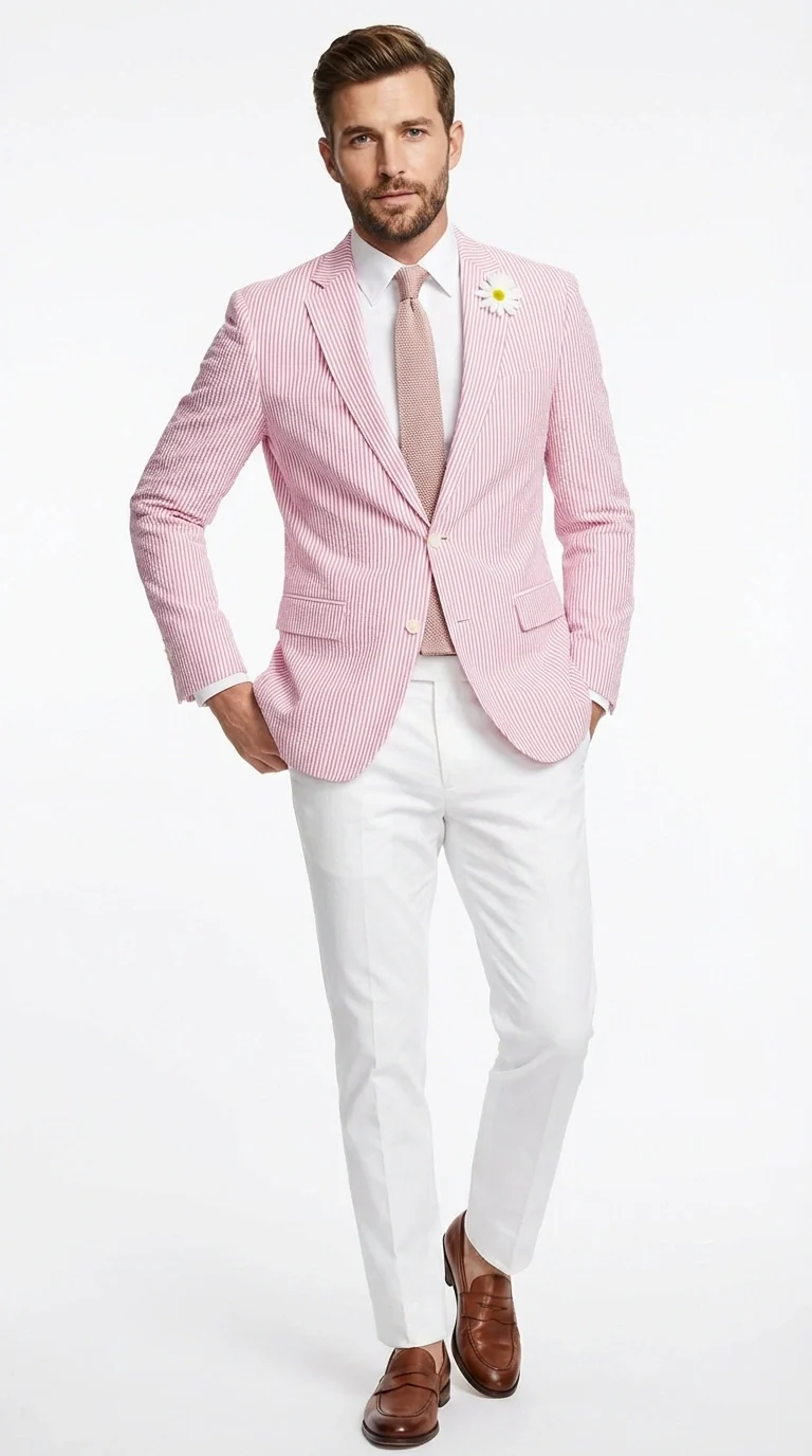 Mens Pink Seersucker Blazer – Lightweight Striped Summer Sport Coat Casual Smart Formal Jacket - Image 6