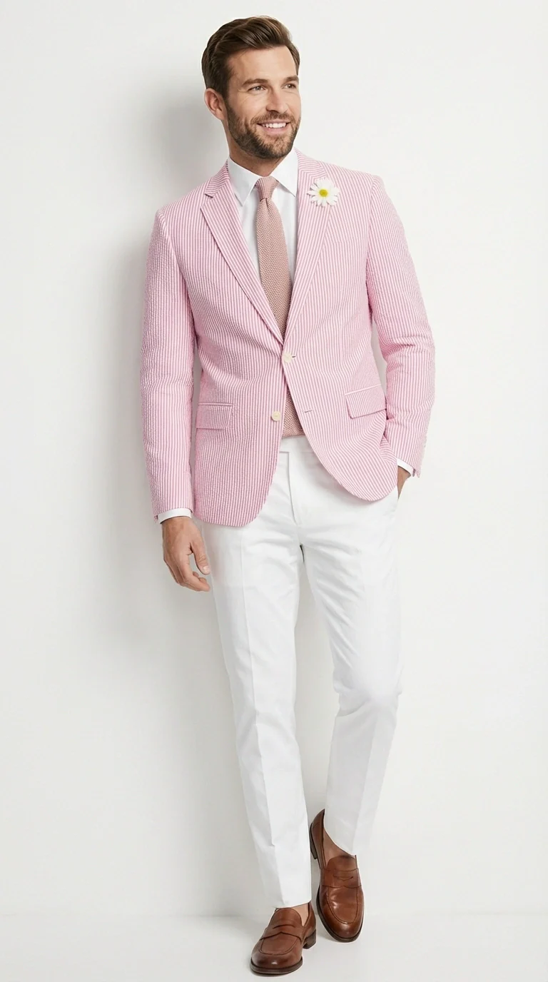 Mens Pink Seersucker Blazer – Lightweight Striped Summer Sport Coat Casual Smart Formal Jacket - Image 8