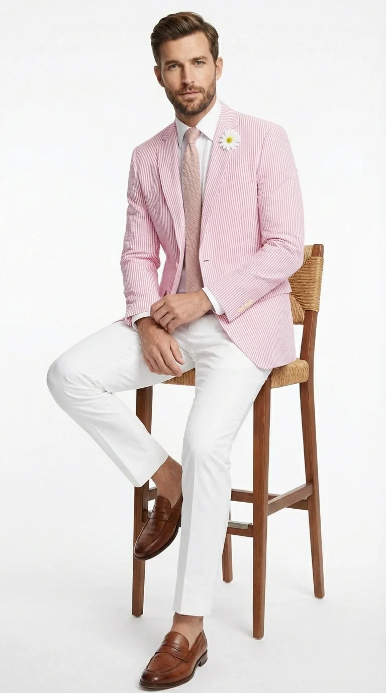 Mens Pink Seersucker Blazer – Lightweight Striped Summer Sport Coat Casual Smart Formal Jacket - Image 9